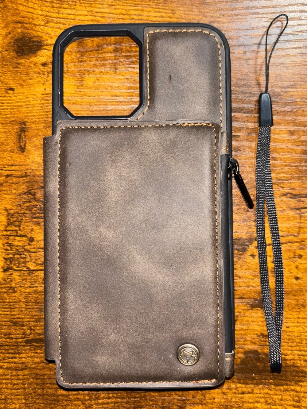 Leather Wallet Phone Case with Wrist Strap - Brown